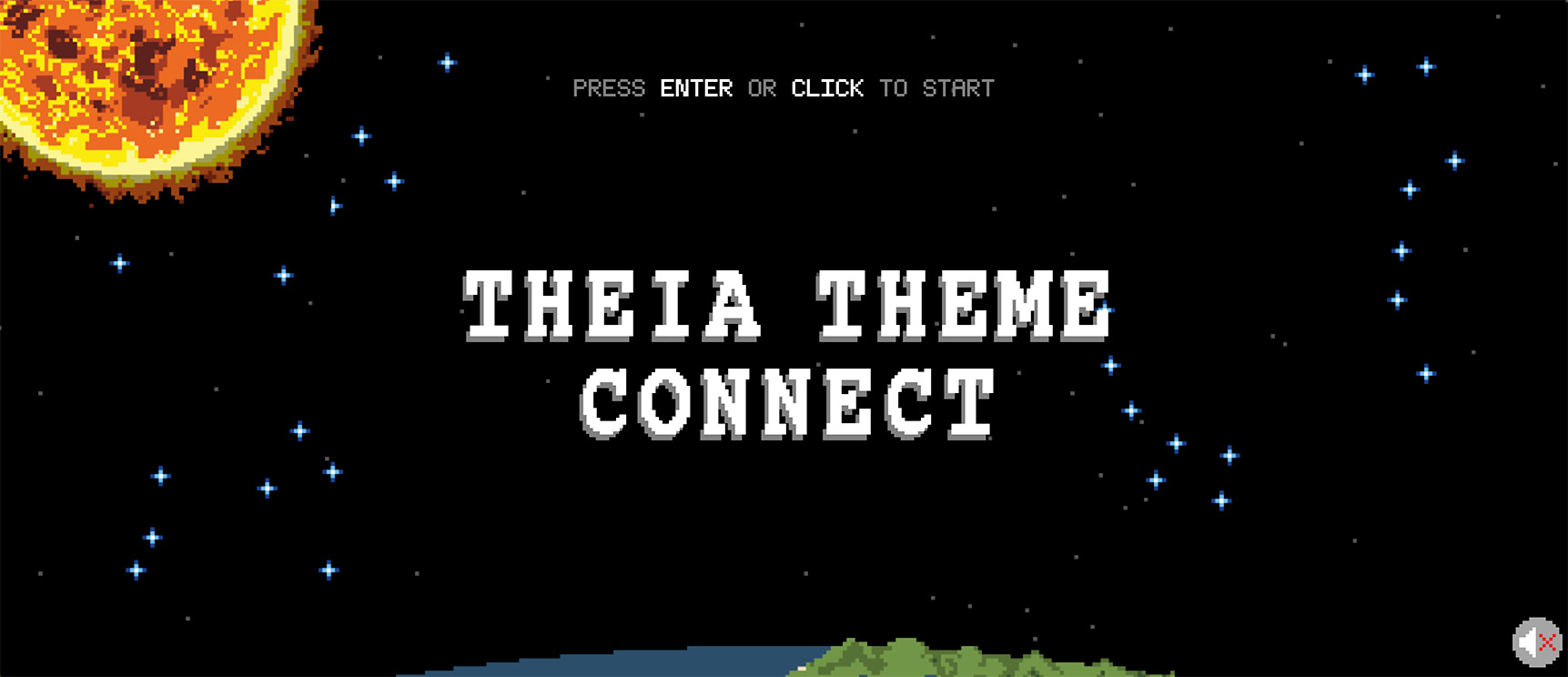 The Theia Theme Connect start screen, showing a spaceship among planets and theme satellites.
